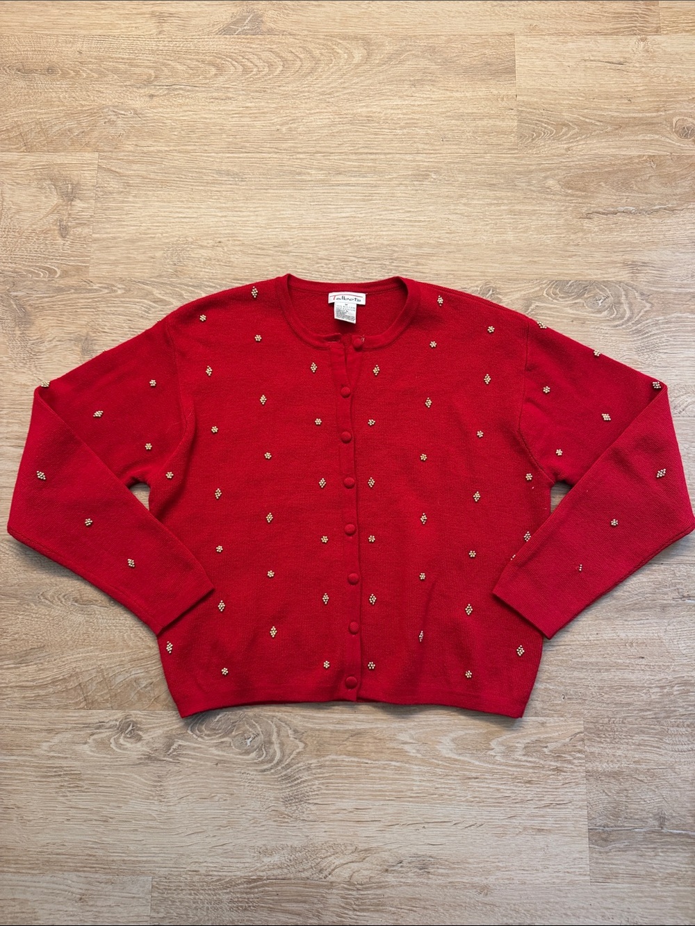 Vintage Christmas Talbots Red Beaded Button-Front Cardigan